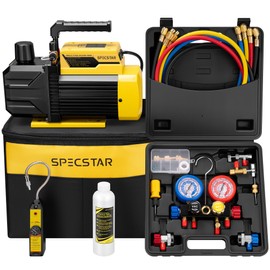 SPECSTAR 1/3 HP 4.5 CFM 1-Stage HVAC Vacuum Pump and 4 Way AC Manifold Gauge Set with Leak Detector 5ft Hoses & Accessories for R134a R12 R22 R502 R410a Auto Air Conditioning Refrigeration Recharging