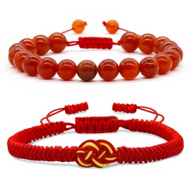 8mm Natürliches Karneol Edelstein Geflochtene Armband, Handgefertigt Einstellbares Rote Glücks-und Schutz-Armband Fernbeziehung Paar/Freundschafts/Partner Armbänder Schmuck Geschenk