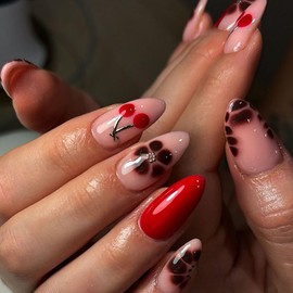 Leopard Press on Nails Short Almond Shaped Flower False Nails Red Cherry and Brown Leopard Design French Tip Press on Nails Full Cover Glossy Acrylic Nails Artificial Stick on Nails for Women