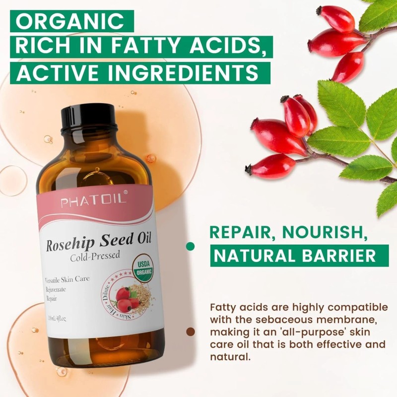 Pure Organic Rosehip Seed Oil for Face 4oz/118ml, USDA Certified