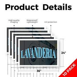 Lavanderia Yard Sign 10 Pack of 24 Inch x 36 Inch Single Sided Weatherproof Heavy-Duty Plastic with Stake | Spanish Laundry Sign, Reliable Services, Local Promotions | Made in USA