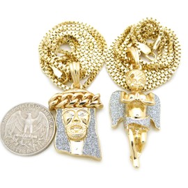 Hip Hop Sparkled Jesus Face, Praying Angel Pendant 20",24" Box Chain 2 Necklace Set in Gold Silver Color (20"+24" Box Chain Set)