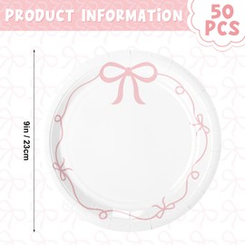 Havawish 50 Pcs Pink Bow Party Supplies 9 Inch Pink Bow Paper Plates Coquette Theme Tableware Disposable Dinner Dessert Plates for Bachelorette Bridal Party Baby Shower Decoration Favors