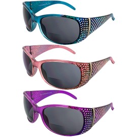 Global Vision Set of 3 Galaxy Womens Bifocal Fashion Motorcycle Sunglasses Blue Pink & Lavender Frames 2.5 Magnification Smoke Lenses