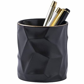 YOSCO Ceramic Irregular Round Pen Holder For Desk Cute Stand Gold Line Pencil Cup Pot Desk Organizer for Girls Kids Makeup Brush Holder (Black)