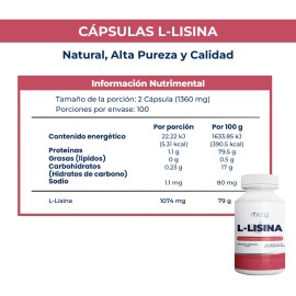 L-Lisina 1074 mg por porcin (2 cpsulas)  200 cpsulas de aminocido esencial puro, ideal para apoyo muscular, recuperacin, rendimiento deportivo, salud 