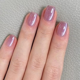 MouyouGlow Press on Nails Short, Square Light Purple Pink Plain Cat Eye Magnetic Fake Nails with Nail Glue, Light Purple Phototherapy Artificial Fingernails for Women and Girls