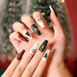 Qinvone Christmas Nails Press on for Women, 24pcs Fake Nails Womens Gifts for Christmas, 12 Size Square Press on Nails Medium with Glue & Adhesive, Reusable Nail with Elk Xmas Tree Snowflake Pattern