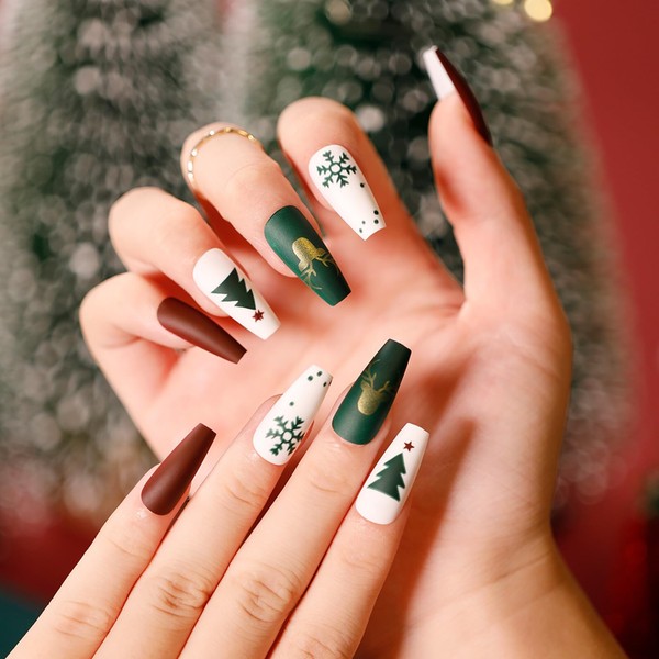 Qinvone Christmas Nails Press on for Women, 24pcs Fake Nails