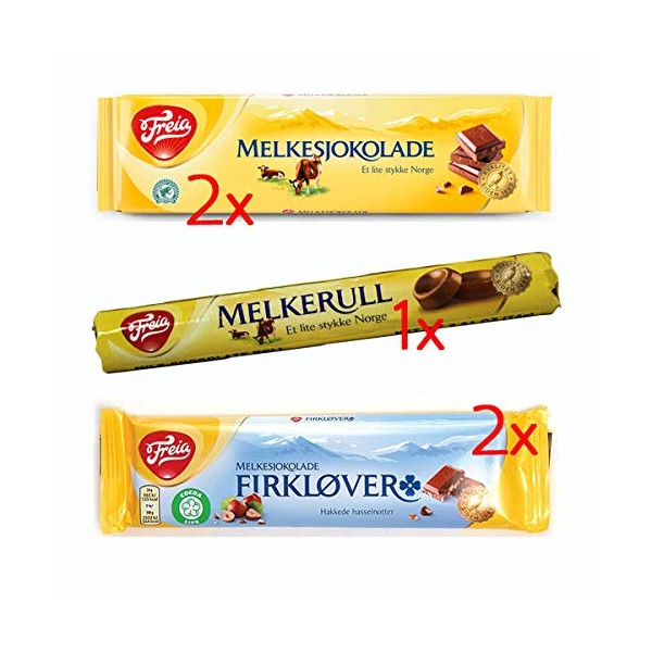 Freia ~ Variety Pack (2 Melkesjokolade 60g, 2 Firklover 60g, 1 Melkerull 74g)