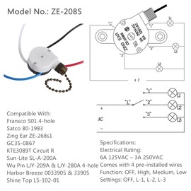 Ceiling Fan Switch Zing Ear ZE-208S E89885 3 Speed 4 Wire Fan Switch Pull Chain Ceiling Fan Switch Speed Control Switch for Ceiling Fans, Wall Lamps, Cabinet Light, Bronze 3PCS