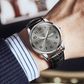 Taxau Watches for Men Black Leather Adjustable Waterproof Mens Dress Watch Big Face Analog Quartz Casual Wrist Watch Date Luminous Easy to Read