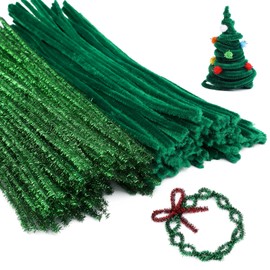 200 Pieces Christmas Green Pipe Cleaners Chenille Stem Set,100 Pieces Dark Green+100 Pieces Glitter Green Craft Pipe Cleaners,DIY Craft,Pipe Cleaners Bulk for Arts and Crafts, Xmas Home Decoration