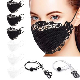 Nature Blossom 6 Pieces Lace Face Masks Washable Reusable Soft Cotton Covering Wedding Party Costume Lace Flower Mouth Shield Fabric Outdoor Protection for Women and Girls (2 Colors) and 2 Face Mask Lanyards (Black & White)