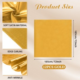 Newwiee 12 Pcs 72 Inch Satin Tablecloth Square Tablecloth Overlay Smooth Fabric Tablecloth Satin Table Cover for Party Wedding Banquet Table Decoration (Gold)