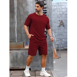 Babioboa Mens Co ords set Short Sets 2 Piece Outfits Fashion Summer Tracksuits Casual Set up T Shirt and Short(Wine,L)