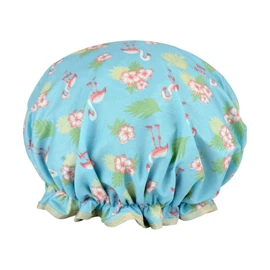 1 Pack Shower Cap for Women, Oil-proof Caps, Double Layers Waterproof Reusable Bath Caps With Ruffled Edge Covering for Girls, Women, Ladies, Kids (LightBlue Flamingo)