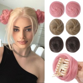 REECHO Space Bun Hair Pieces, 2 PCS Mini Claw Clip in Messy & Cat Ears Fake Hair Bun Extensions HB001 Wig Accessory Updo Hairpieces for Women Girls (Pack of 2-3" Straight, Light Pink)