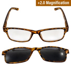 Global Vision Gafas de lectura + marco marrón Demi de aumento 2.0 con lente transparente y pantallas polarizadas a juego con clip