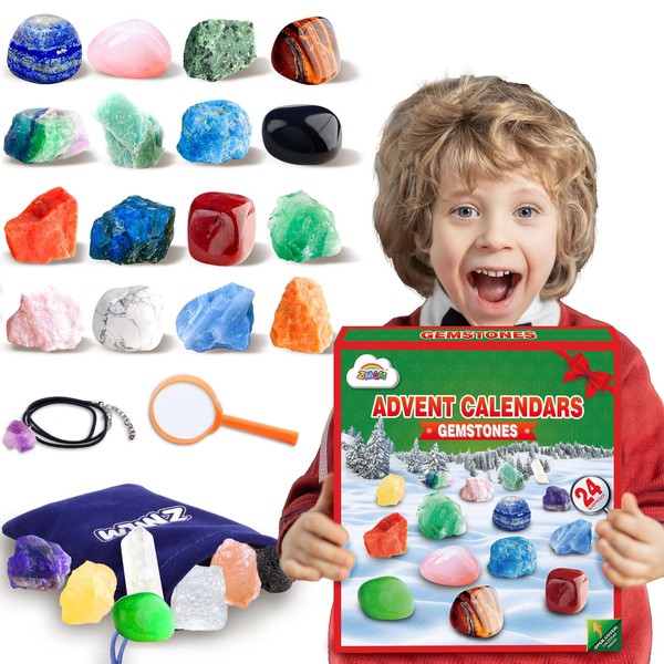 ZMLM Christmas Rock Advent Calendar: 24 Days Countdown Surprise with 24 Gemstones for Age 4 5 6 7 8 9-12 Girl Boy Gift Toy Kit & Geological Science Exploration|Natural Mineral Collection|Creative Toys
