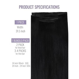 Fshine Genie Extensiones Pelo Natural Cortina Extra Largo 60cm Negro Azabache Genie Weft Extensiones de Cabello Remy Extensiones de Cabello Natural Co