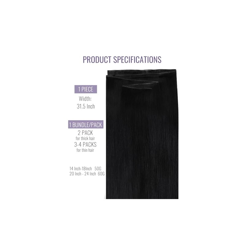 Fshine Genie Extensiones Pelo Natural Cortina Extra Largo 60cm Negro