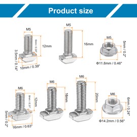 sourcing map 140Pcs t Slot Drop-in Bolt, M5x12/16mm M6x12/16/20mm T-Slot Bolts Carbon Steel Hammer Head T-Bolt with Hexagon Flange Nut for Standard 2020/3030 Series Aluminum Profile