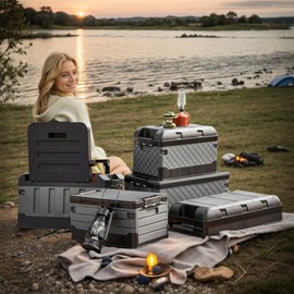 HAOFALUC Versatile Foldable Seatable Car Organizer Box Heavy Duty Storage Bins With Lids Trunk,Durable Plastic,60L Can Store Clothes, Toys Camping Equipment in Large Capacity (blue)