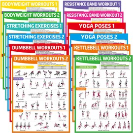gisgfim 12PCS Workout Posters for Home Gym Dumbbells, Bodyweight, Stretching, Resistance Bands, Yoga, Kettlebells Exercise Chart Full Body Workout Poster Set Muscle Engagement Chart Garage Gym Decor