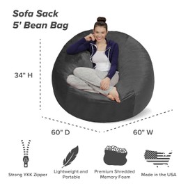 Sofa Sack Bean Bag Chair - Plush, Ultra Soft - Memory Foam Bean Bag Chair with Microsuede Cover - Stuffed Foam Filled Furniture and Accessories for Dorm Room 5 Feet - Charcoal