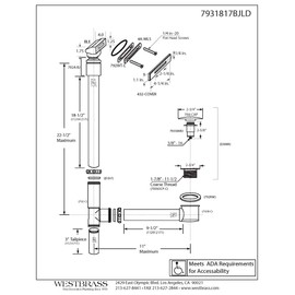Westbrass 22" Linear Tip-Toe Drain Bath Waste & Overflow with Ball Joint, Satin Nickel, 7931817BJLD-07