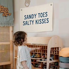 CEBTHN Beachy Wall Decor – Sandy Toes Salty Kisses Linen Canvas Banner, Coastal Summer Hanging Flag, Surf Decor for Beach House, Nautical Wall Art, 20x30 Inch