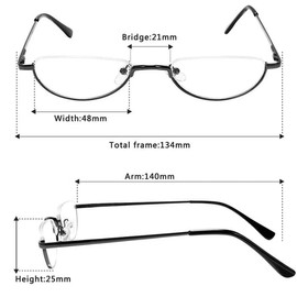 REAVEE 4 Pack Retro Designer Alloy Half Moon Reading Glasses for Women Men Half Frame Spring Hinge Stylish Slim Reader with Pouch, Black 1.75