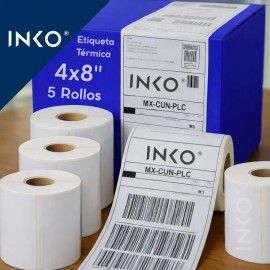 05 Rollos INKO Etiqueta Termica directa 4x8 pulgadas 102x204mm con 200 etiquetas por rollo y pleca pre corte.