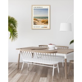 HesenDot Natural OAK Wood Lake Michigan Framed Wall Art,12x16in Natural Scenery Canvas Wall Print,Classic Urban City Landmark Wall Decor for Living Room,Bedroom,Office Gallery Gifts Set of 1