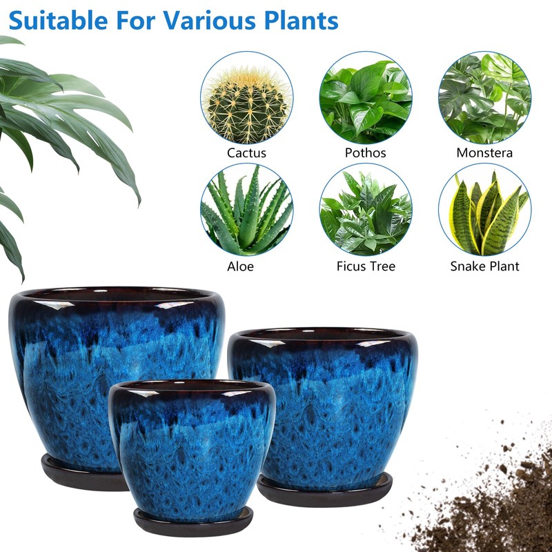 Ceramic Plant Pots With Saucer & Drainage Hole, 6 inch
