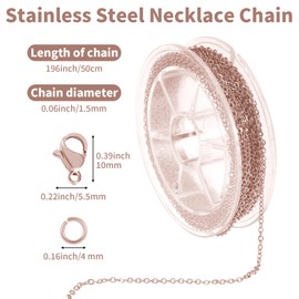 COMNICO 33ft(10m) Stainless Steel Jewelry Chain 1.5mm DIY Craft Links Supplies Findings for Making Necklace Earring Bracelet, Metal Cable Roll 20pcs Lobster Clasps 50pcs Jump Rings (Rose Gold)