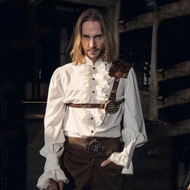 Men's Steampunk Vintage Jacket Gothic Victorian Ruffled Blouse Vintage Long Sleeve Corset Top (White, X-Large)