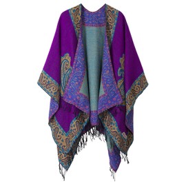 Urban CoCo Women's Fashionable Retro Style Vintage Pattern Tassel Poncho Shawl Cape (series 2 Purple)