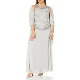 J Kara Women's Petite Long Beaded V Trim Detail Dress with Scarf, Silver/Multi, 8P