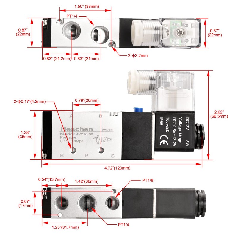 Heschen 4V210-08 12VDC PT1/4 5-Way 2-Position CE Electric Pneumatic Solenoid