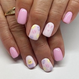 Easter Press on Nails Pink Short Fake Nails Bunny Easter Egg False Nails Cute Glue on Nails Full Cover Acrylic Nails Glossy Square Artificial Nails Reusable Stick on Nails for Women Manicure, 24Pcs