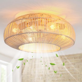 Vaczon 20" Caged Boho Ceiling Fan with Light and Remote, Flush Mount Rattan Ceiling Fan with 6-Speed Reversible Motor 5-Blade Enclosed Timing Design Rattan Fandelier for Bedroom, Living Room, Nursery