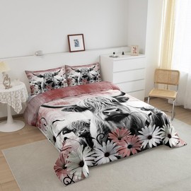 Erosebridal Highland Cow Print Comforter Set Queen,Red Western Farmhouse Bedding Sets Rustic Home Decor,Longhorn Cattle Farm Animal Bed Set Graffiti Daisy Flowers Quilt Cowboys Gifts for Men Women