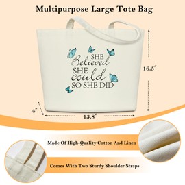 Aesthetic Canvas Tote Bag for Women Gift, She Believed She Could So She Did Beach Bag Shopping Bag Shoulder Bag Reusable Grocery Bag for Vacation Travel, Inspirational Gifts for Friends Coworkers -A21