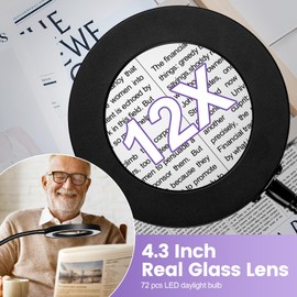 12X Magnifying Glass with Light and Stand,NUEYiO 3-Color Stepless Dimmable LED Magnifying Floor Lamp, 24" Gooseneck Adjustable Swing Arm Lighted Magnifier Lamp with Clamp for Reading Craft Esthetican