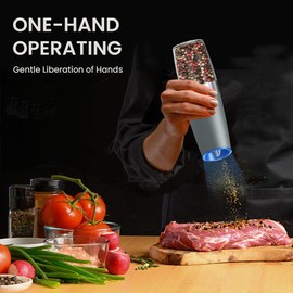 BELRIGO Battery Operated Salt And Pepper Grinder Set with LED Light, Automatic Electric Gravity Salt And Pepper Shakers Set, Each 6 AAA Batteries Needed, Adjustable Roughness, 2 Pack (LightGrey)