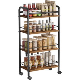Asgolion Slim Rolling Cart, 4-Tier Narrow Storage Cart with Handle, 9.1 Inches Deep, Bathroom Shelf for Small Spaces, Kitchen, Dining Room, Living Room, Laundry Room, Rustic Brown