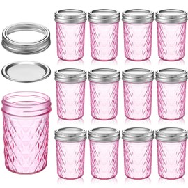 Zhehao 12 Pcs Mason Canning Jars 8 oz Jelly Jars with Regular Lids Mini Honey Jars for Wedding Shower Favors DIY Projects Candle Holding Spice Jam Fruit Smoothie Salad Dressing Ketchup (Pink)