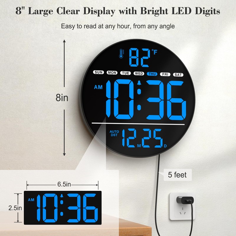 WallarGe Large Digital Wall Clock with LED Display, Electric Wall
